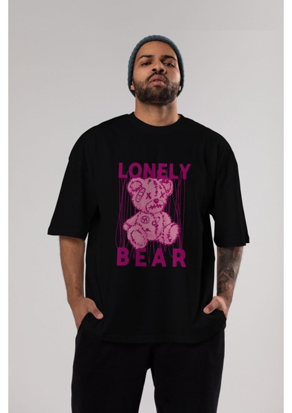 Lonely Bear Ön Baskılı Siyah Oversize T-Shirt Erkek Kadın Bisiklet Yaka indirimleri