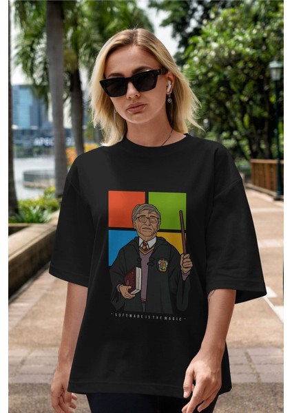 Harry Potter Gates Ön Baskılı Siyah Oversize T-Shirt Erkek Kadın Bisiklet Yaka modelleri