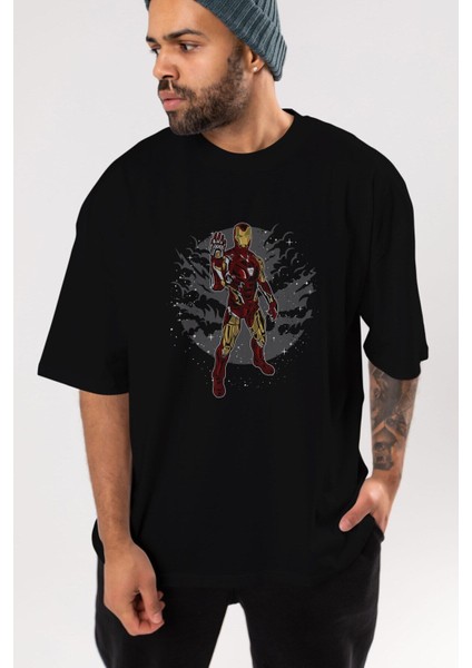 Iron Man Ön Baskılı Siyah Oversize T-Shirt Erkek Kadın Bisiklet Yaka