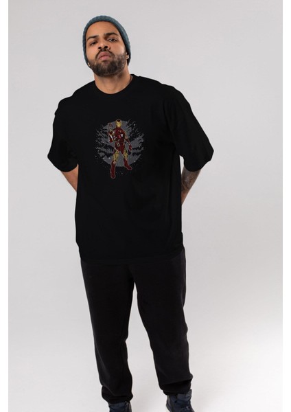 Iron Man Ön Baskılı Siyah Oversize T-Shirt Erkek Kadın Bisiklet Yaka
