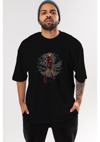 Iron Man Ön Baskılı Siyah Oversize T-Shirt Erkek Kadın Bisiklet Yaka