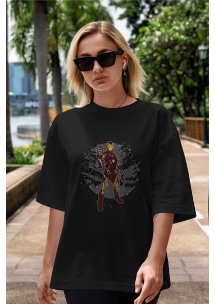 Iron Man Ön Baskılı Siyah Oversize T-Shirt Erkek Kadın Bisiklet Yaka