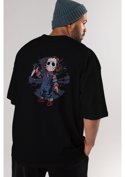 Chucky Arka Baskılı Siyah Oversize T-Shirt Erkek Kadın Bisiklet Yaka