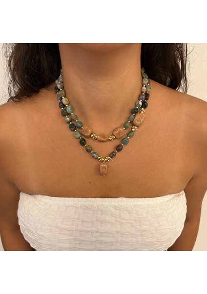 Tımbıl Hint Akik ve Kızıl Akik Doğal Taş Altın Aksesuar Özel Tasarım Ikili Doğaltaş Kadın Kolye