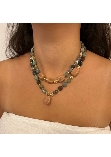 Tımbıl Hint Akik ve Kızıl Akik Doğal Taş Altın Aksesuar Özel Tasarım Ikili Doğaltaş Kadın Kolye fiyatları