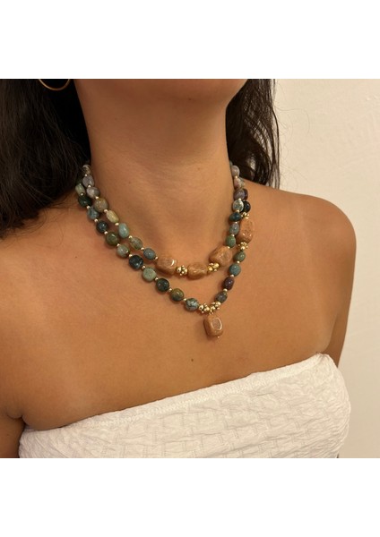 Tımbıl Hint Akik ve Kızıl Akik Doğal Taş Altın Aksesuar Özel Tasarım Ikili Doğaltaş Kadın Kolye modelleri