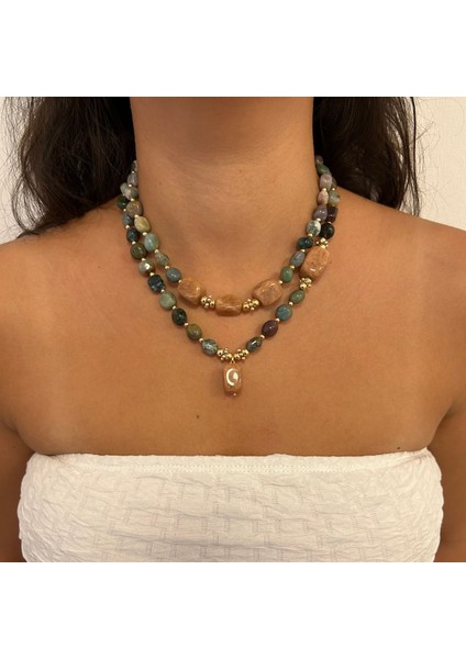 Tımbıl Hint Akik ve Kızıl Akik Doğal Taş Altın Aksesuar Özel Tasarım Ikili Doğaltaş Kadın Kolye fırsatları