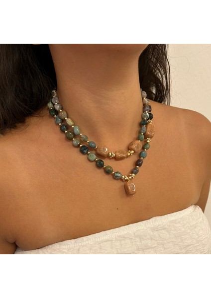 Tımbıl Hint Akik ve Kızıl Akik Doğal Taş Altın Aksesuar Özel Tasarım Ikili Doğaltaş Kadın Kolye indirimleri