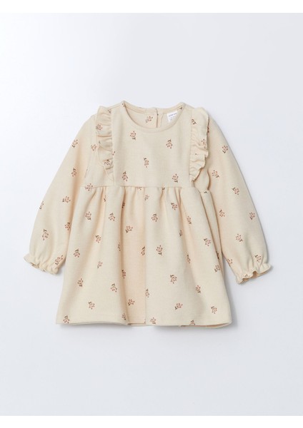 Bisiklet Yaka Uzun Kollu Çiçekli Kız Bebek Elbise