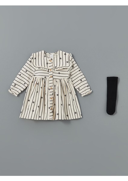 Bebe Yaka Uzun Kollu Çiçekli Kız Bebek Elbise ve Külotlu Çorap 2'li Takım