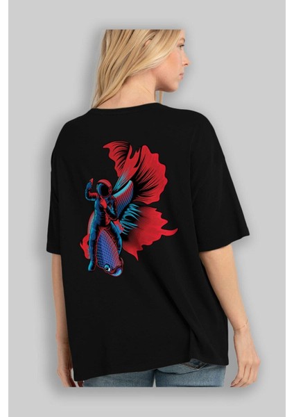 Astrofish Selfie Arka Baskılı Siyah Oversize T-Shirt Erkek Kadın Bisiklet Yaka