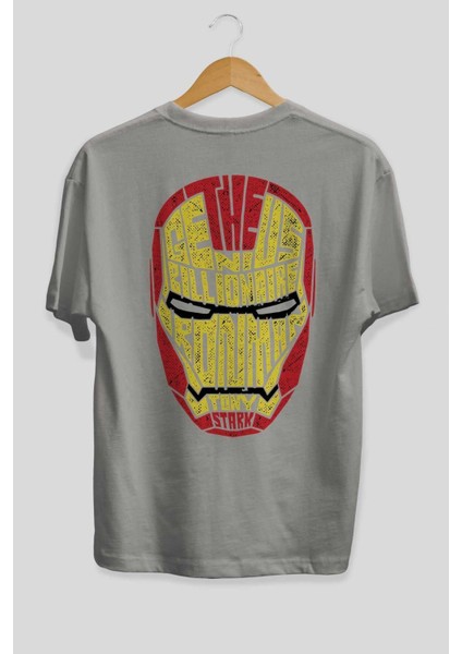 Iron Man Arka Baskılı Gri Oversize T-Shirt Unisex Erkek Kadın Bisiklet Yaka