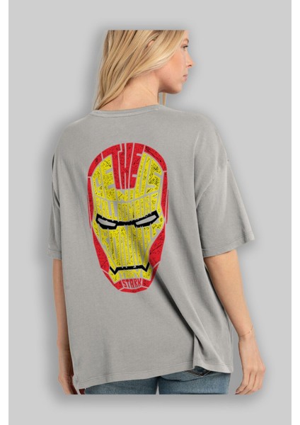Iron Man Arka Baskılı Gri Oversize T-Shirt Unisex Erkek Kadın Bisiklet Yaka