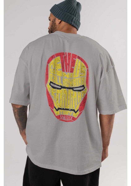 Iron Man Arka Baskılı Gri Oversize T-Shirt Unisex Erkek Kadın Bisiklet Yaka