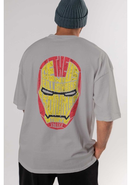 Iron Man Arka Baskılı Gri Oversize T-Shirt Unisex Erkek Kadın Bisiklet Yaka