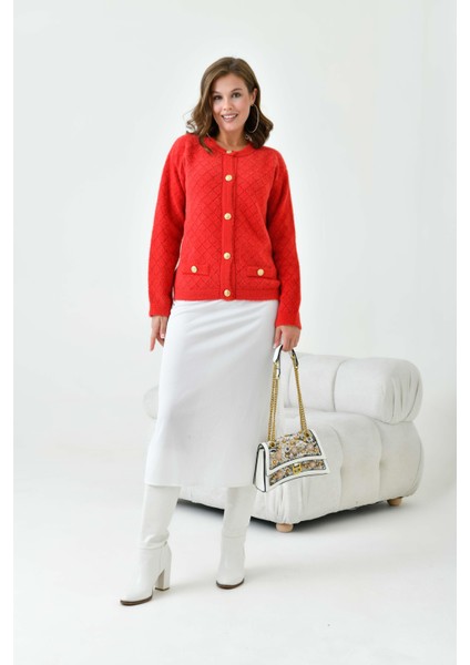 Kadın Gold Düğme Detalı Hırka Kırmızı