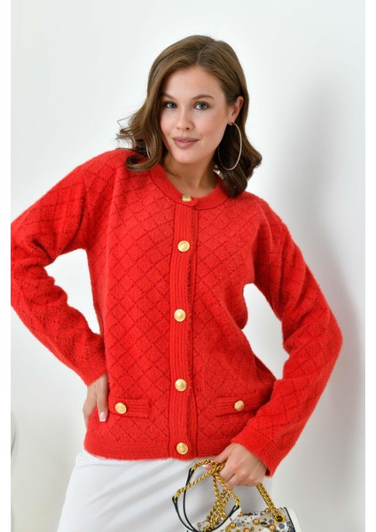 Kadın Gold Düğme Detalı Hırka Kırmızı fiyatları