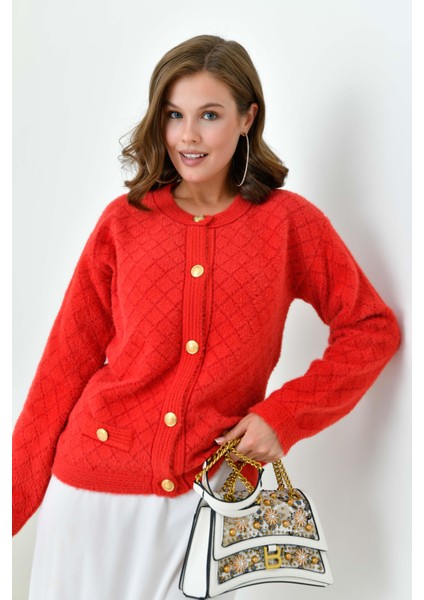 Kadın Gold Düğme Detalı Hırka Kırmızı modelleri