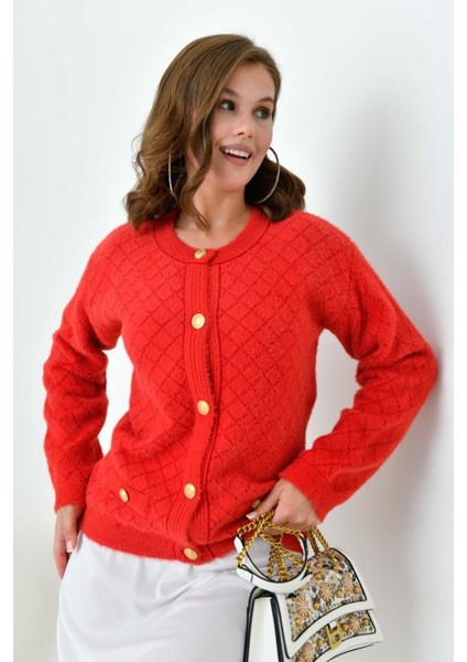 Kadın Gold Düğme Detalı Hırka Kırmızı fırsatları