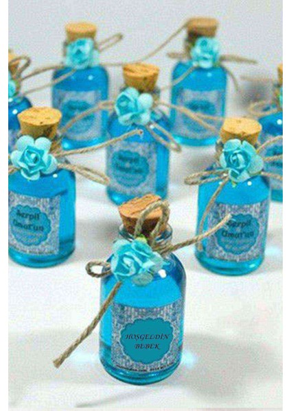 25 Adet Çiçekli Hediyelik Kolonya Şişesi, Nikah Şekeri, Bebek Şekeri - MAVİ