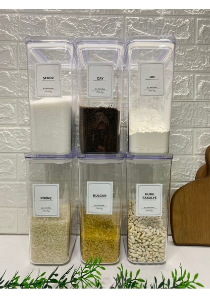 6'lı Vakum Kapaklı Bakliyat Seti Bakliyat Etiketli Saklama Kabı Erzak Kavanozu Mika 2900ML