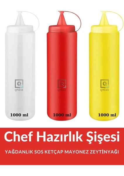 Tekno Trust Chef Renkli Hazırlık Şişesi (3 Adet) Kapaklı 1000 ml Salata Zeytinyağı Ketçap Mayonez Sıkma Sosluk