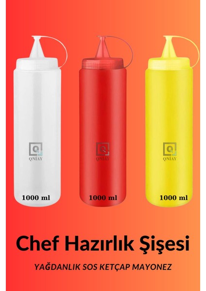 Tekno Trust Chef Renkli Hazırlık Şişesi (3 Adet) Kapaklı 1000 ml Salata Zeytinyağı Ketçap Mayonez Sıkma Sosluk