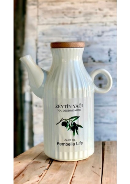Beyaz Çizgili Porselen 1000ml Yağlık Yağdanlık, Papatya Model, Tek Parça