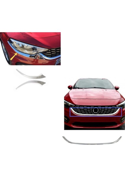 Fiat Egea Krom Far Kaşı 2 Parça + Ön Panjur Alt Çıtası Krom 2015-2019 Paslanmaz Çelik
