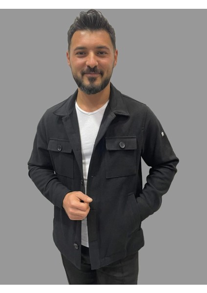 Erkek Cep Detaylı Kışlık Siyah Kaşe Gömlek