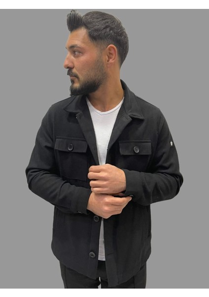 Erkek Cep Detaylı Kışlık Siyah Kaşe Gömlek modelleri