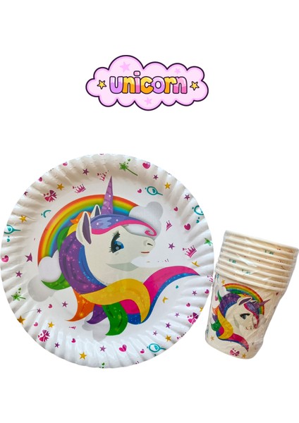 Unicorn Doğum Günü 16 Adet Karton Tabak + 16 Adet Karton Bardak Seti