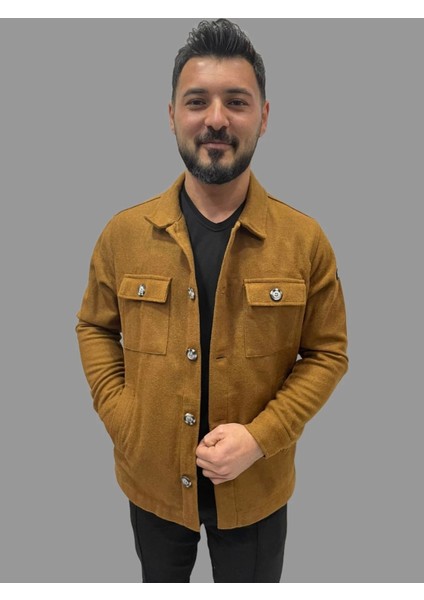 Erkek Cep Detaylı Kışlık Taba Kaşe Gömlek