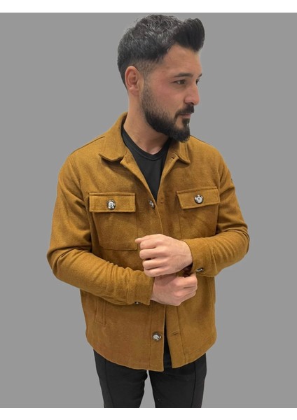 Erkek Cep Detaylı Kışlık Taba Kaşe Gömlek
