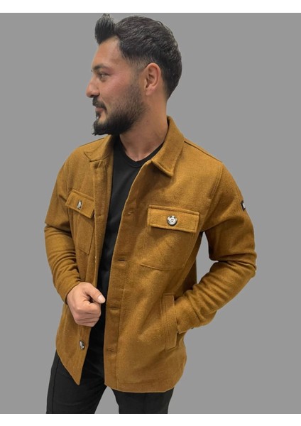Erkek Cep Detaylı Kışlık Taba Kaşe Gömlek