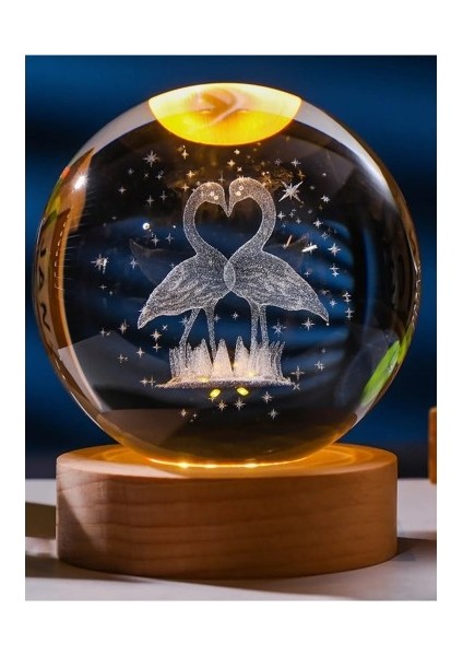 Ahşap Tabanlı Led Işıklı Flamingo Figürlü Kristal Küre