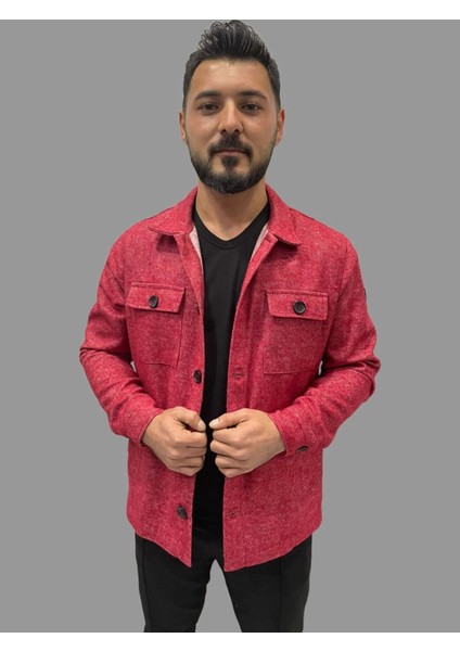 Erkek Cep Detaylı Kışlık Kırmızı Kaşe Gömlek
