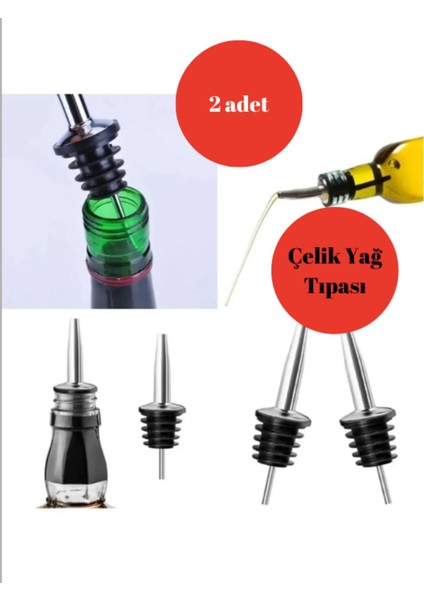 2'li Çelik Yağ Tıpası, Beyaz, Şişe ve Sosluk Uyumlu, Yağdanlık ve Akıtıcı Set