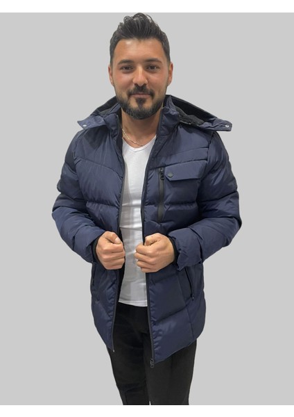Erkek Kapüşonlu Içi Komple Kürklü Lacivert Mont&kaban