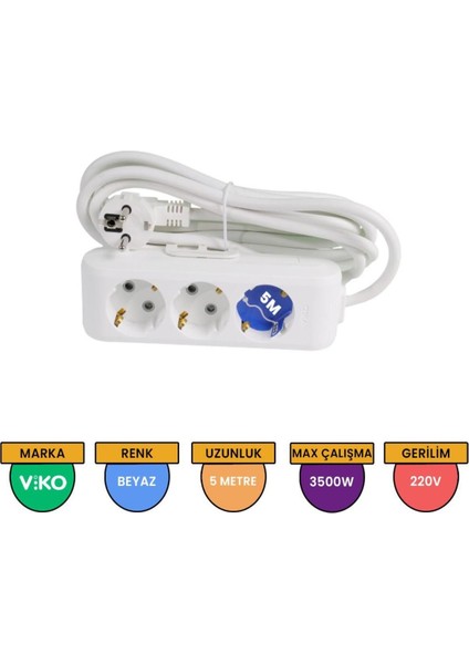 5 Metre Kablolu Topraklı Çocuk Korumalı Üçlü Priz