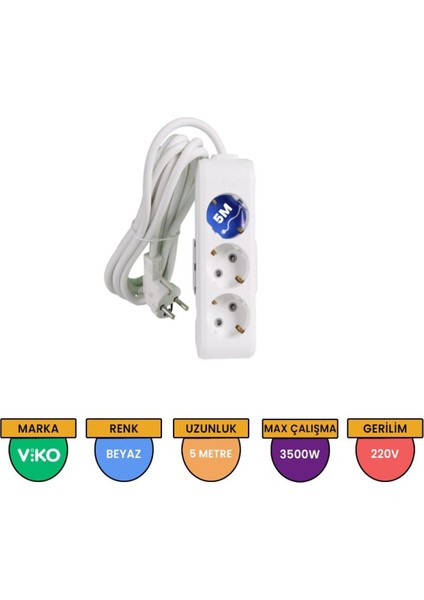 5 Metre Kablolu Topraklı Çocuk Korumalı Üçlü Priz fiyatları