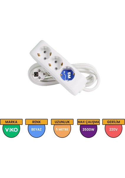 5 Metre Kablolu Topraklı Çocuk Korumalı Üçlü Priz modelleri