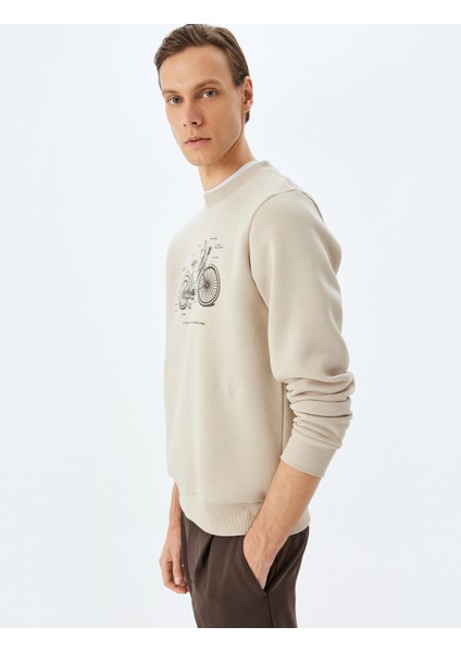 Bisiklet Yaka Pamuk Karışımlı Şardonlu Baskılı Sweatshirt
