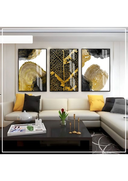 Beyaz Gri Gold Soft Renk Soyut Set Çerçeveli Cam Tablo 3'lü