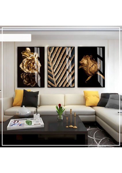 Siyah Gold Renk Gül Seti Çerçeveli Cam Tablo 3'lü