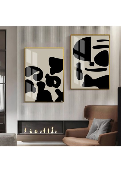 Siyah Bej Soyut Abstract Kombin Çerçeveli Cam Tablo 2'li