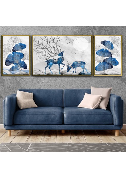 Lacivert Gümüş Rengeyiği Ve Çiçek Kombini Çerçeveli Temperli Cam Tablo 3'lü