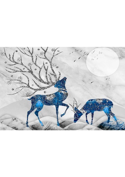 Lacivert Gümüş Rengeyiği Ve Çiçek Kombini Çerçeveli Temperli Cam Tablo 3'lü modelleri