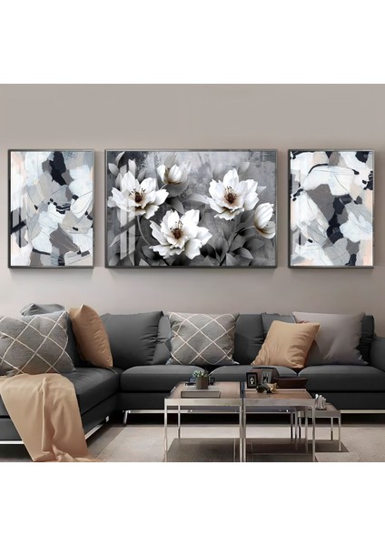 Siyah Beyaz Renk Çiçek Soyut Kombini Çerçeveli Temperli Cam Tablo 3'lü