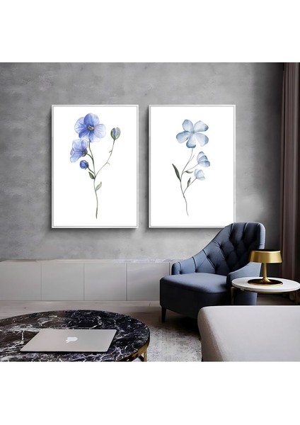 Beyaz Mavi Çiçek Kombini Çerçeveli Cam Tablo 2'li